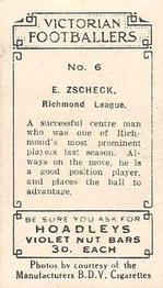 1933 Hoadley's Victorian Footballers #6 Eric Zschech Back